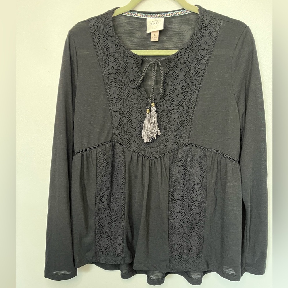 Knox Rose Hippie Boho Black Lace Detail Women's Long Sleeve Top Shirt Size L